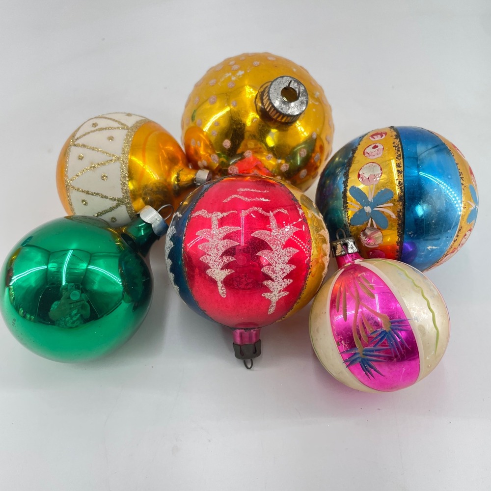 Vintage Mercury Glass Christmas Ornaments Set 6 Hand Painted MCM Tree Decor